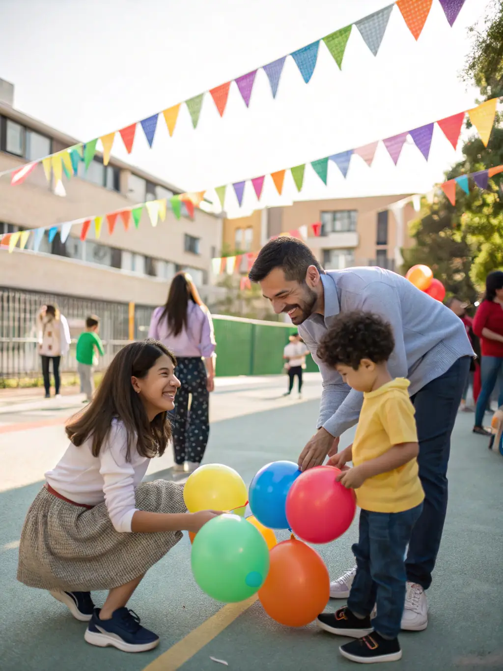 Families are gathered at a school event, enjoying games, food, and activities together, strengthening bonds and creating a supportive community atmosphere.