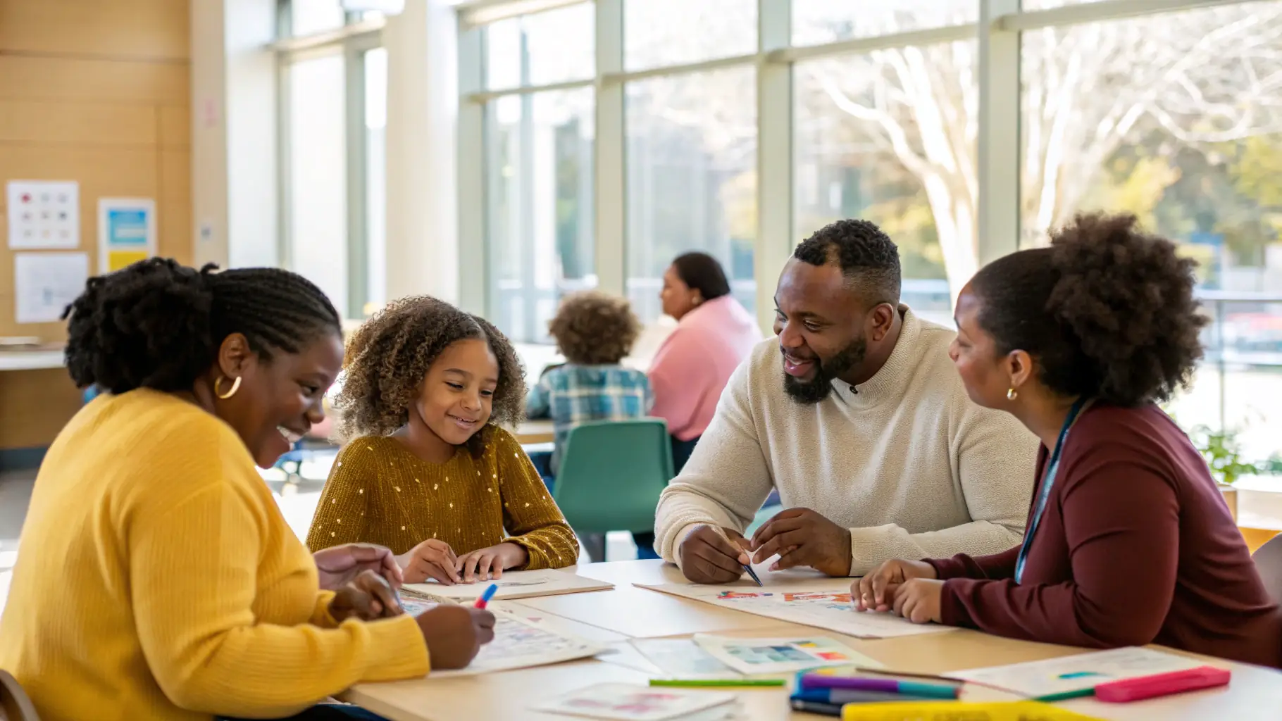 A diverse group of parents attending a workshop on effective communication strategies.