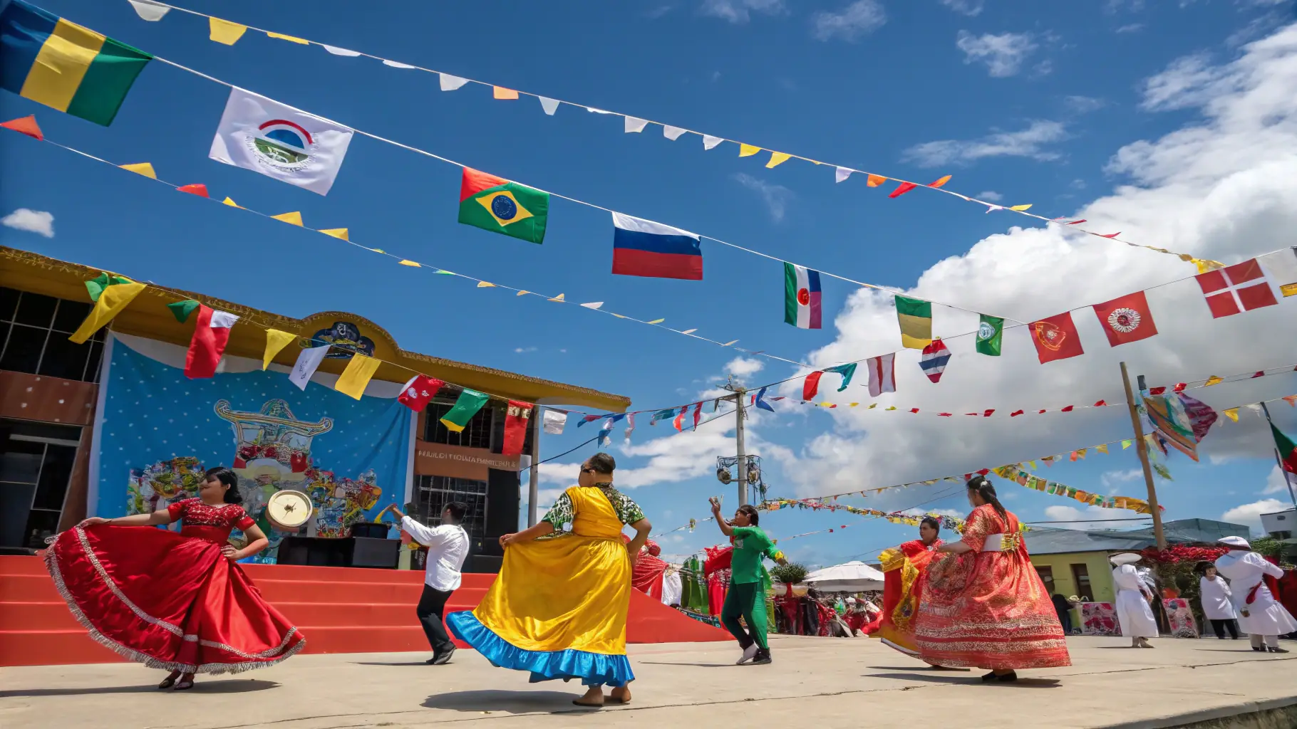A vibrant scene from a cultural festival, showcasing traditional music, dance, and food.