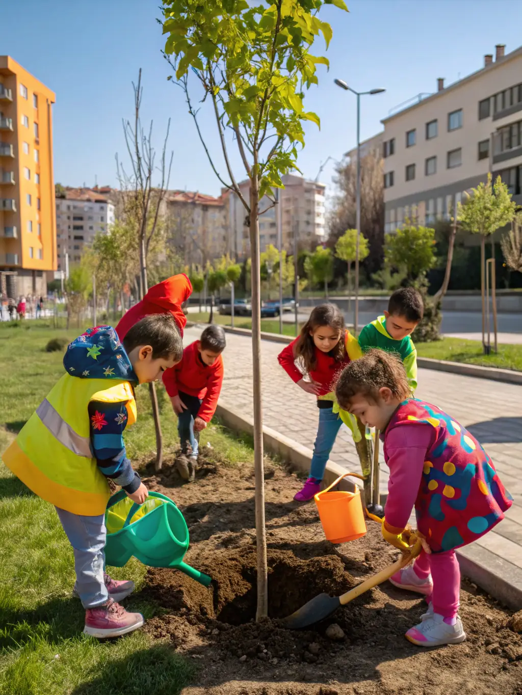 A diverse group of students are collaborating on a community project, planting trees in a local park, demonstrating their commitment to environmental stewardship.