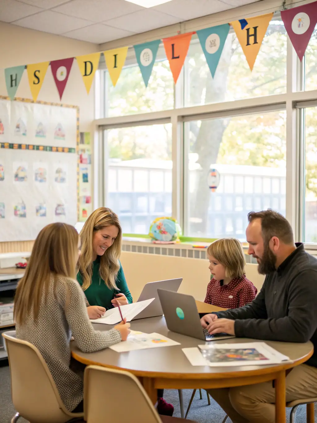 A group of parents are actively participating in a workshop, discussing strategies to support their children's learning at home, with educational materials spread across the table.