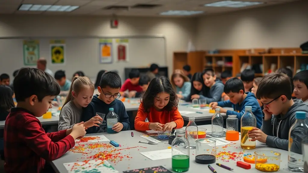 A group of children and parents participating in a science experiment at a school event.