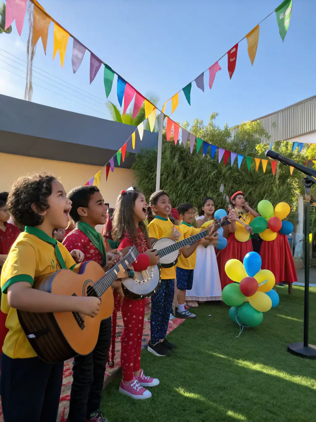 Children are joyfully engaged in a cultural event, learning about traditional music and dance, with vibrant costumes and decorations enhancing the atmosphere.